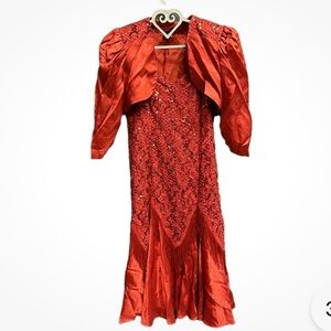Vintage Red Sequin Dress Showgirl Tassels Midi Gown Costume  Theater Size  11/12